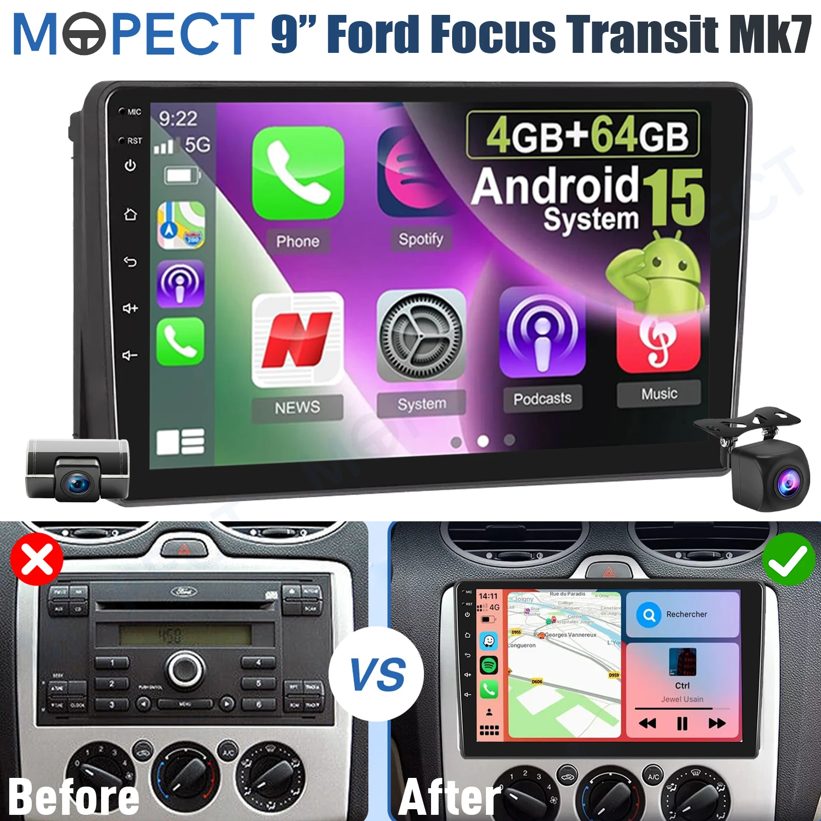 MOPECT 4+64GB voor Ford Transit MK7 2007-2014 / Ford Focus 2005-2008 Android 15 Carplay autoradio GPS navigatie BT+DAB&DVR+AHD