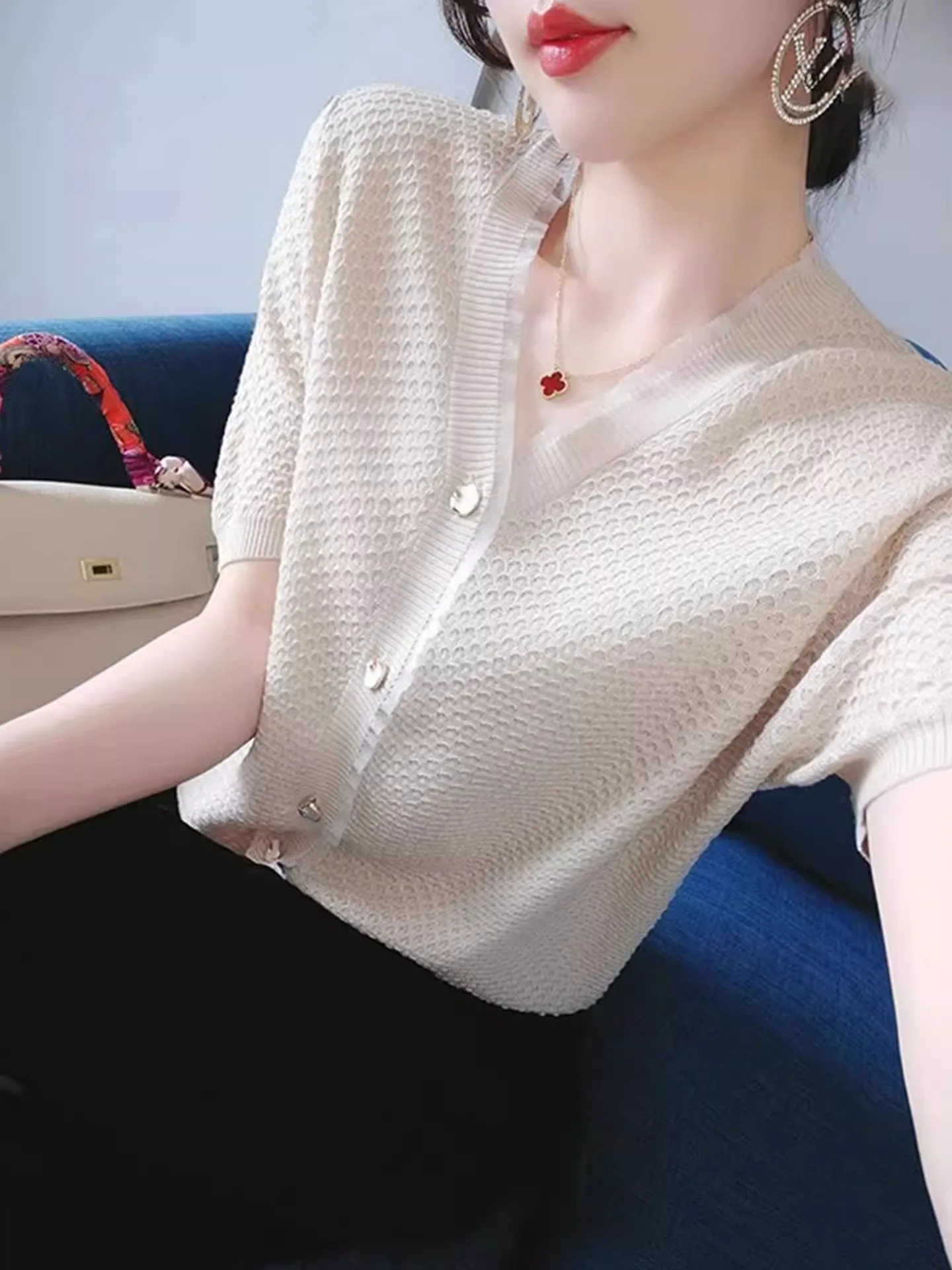 

Вязаный кардиган из ледяного шелка ort Sve V-Ne, универсальный модный летний топ на пуговицах для поездок на работу для женщин