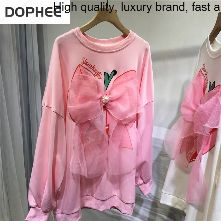 O-neck Beading Bow Cute Fairy Pink Sweatshirt Age Reduction Long Sleeve Hoodies Top All-match Loose Autumn Winter Cotton Sweater