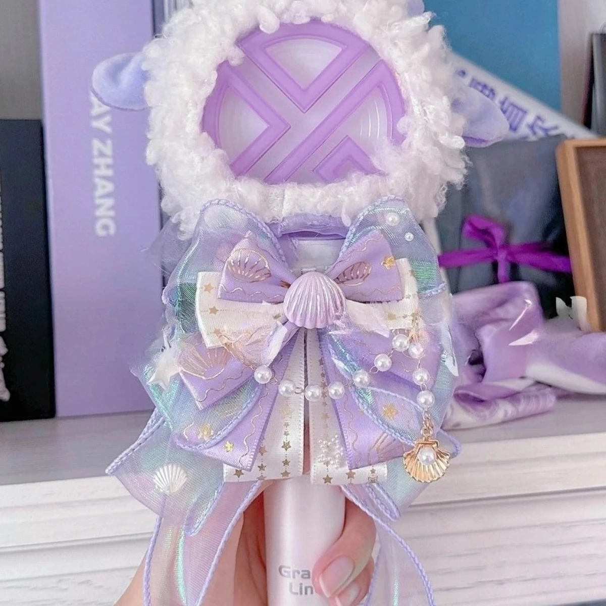 

Pure Handmade Pearl Shell Lolita White Purple Cosplay Bowtie Anime Support Stick Bow Accessory Jewelry Shirt Collar Flower Pins