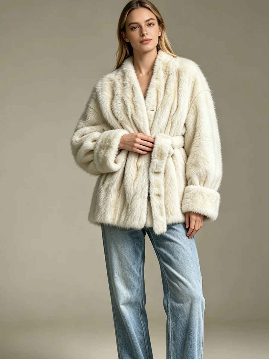 PUAL  Women V Neck Faux Mink Fur Coat 2026, Belted Waist Long Sleeve Plush Jacket, Elegant Warm Luxury Winter Outerwear