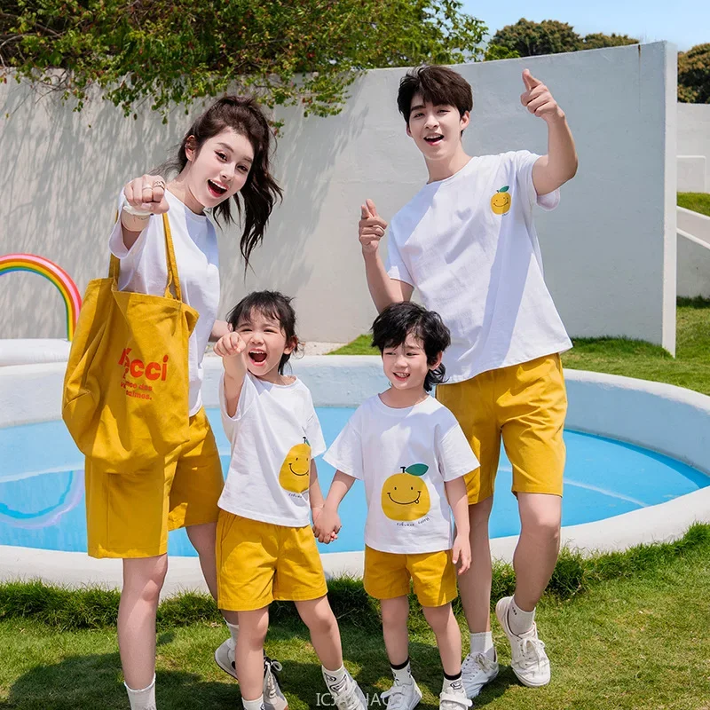 

Funny Family Matching Outfits Korean Parent-child Clothes Mother and Son Daughter Cotton Short Sleeve T Shirts Shorts Set Father