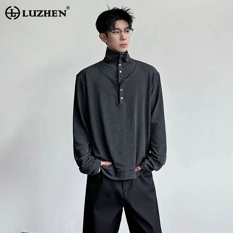 LUZHEN Temperament Stand 2026 New Solid Color Handsome Elegant Neck Shirts Long Sleeve Fake Two Piece Men's Casual Tops JY8850