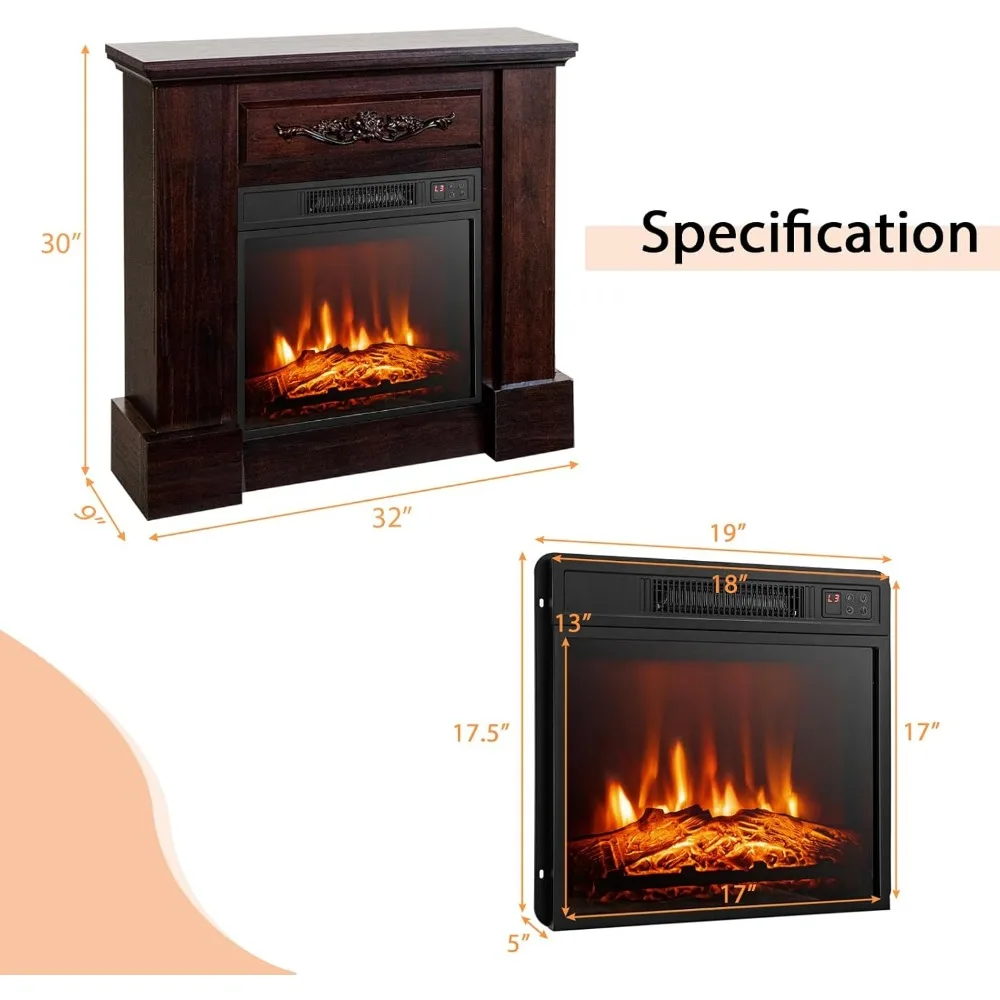 COSTWAY Chimenea eléctrica de 32 pulgadas con repisa, calentador de chimenea independiente de 1400 W con control remoto, termostato, temporizador de 6 horas, A