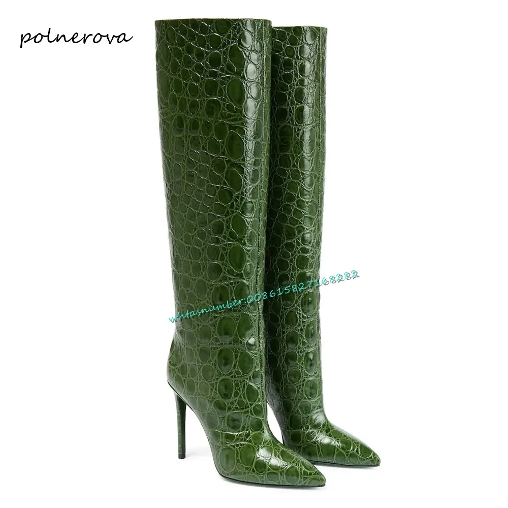 Sexy Snake Skin Knee High Boots Stiletto Pointy Toe Modern Boots Runway Party Shoes for Women 2023 Autumn Winter Newest Fashion