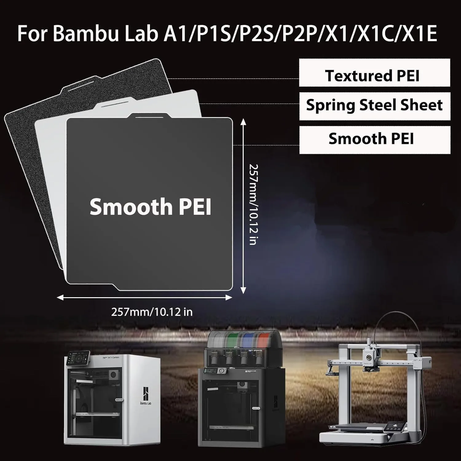 Black PEI Build Plate for Bambu Lab X2D/P2S/P1S/A1/P1P/X1C/X1 3D Printers 257x257mm Double Sided Smooth&Textured PEI Heated Bed