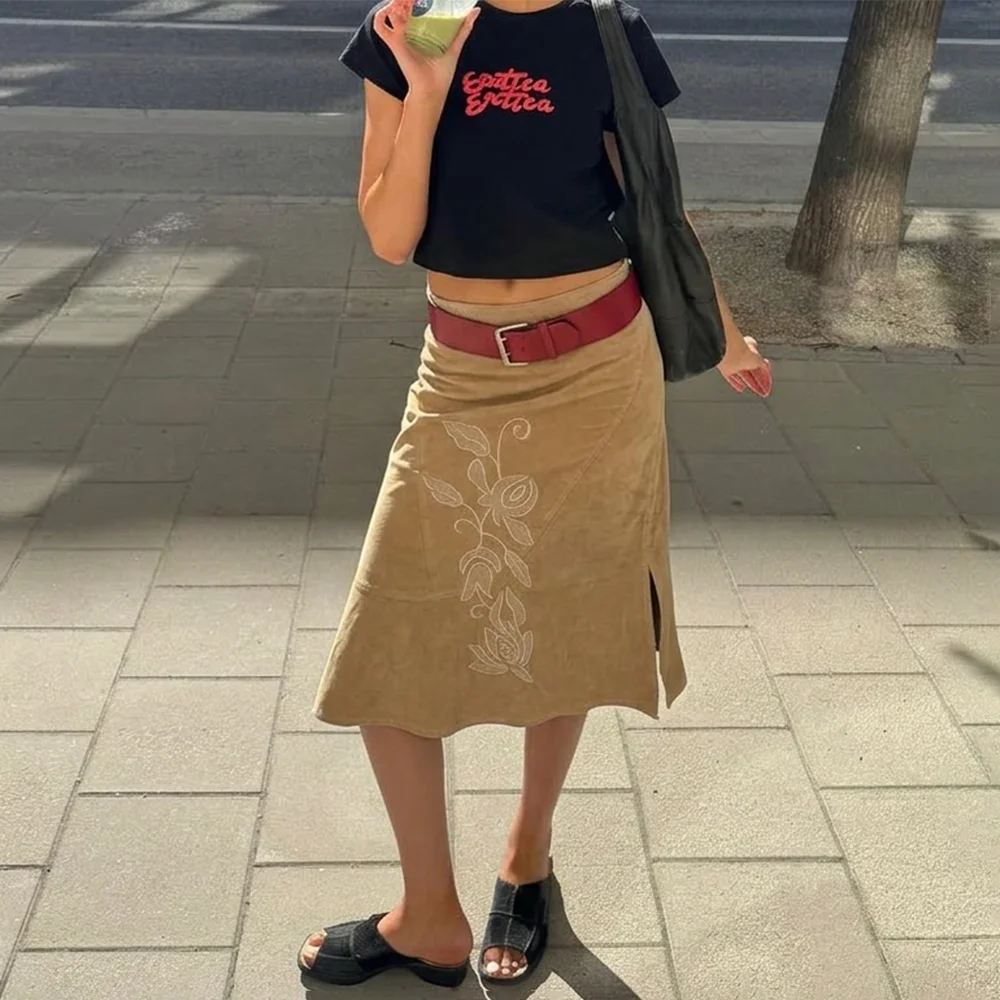 

Ticketsx Fashion Vintage Embroidered Skirt Summer Solid New Ruched Split Slim Skirt Elegant Vacation Streetwear Women's Clothing