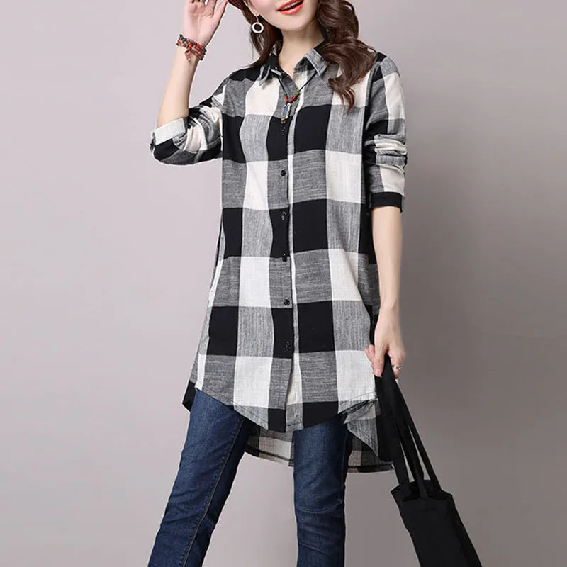 Casual Korean Female Midi Turn-down Collar Plaid Shirt 2024 Fashion Spring Autumn Young Style Single-breasted Long Sleeve Blouse