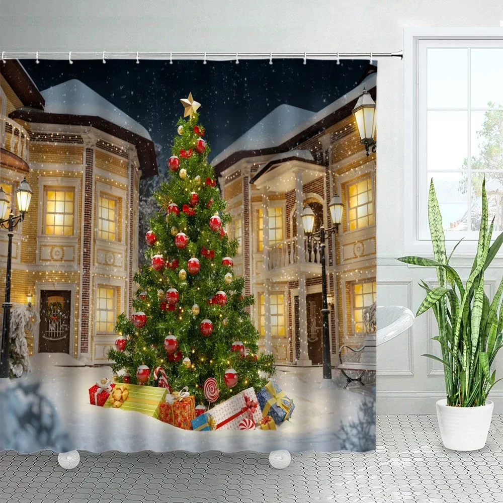 Christmas Trees New Year Christmas Bathroom Decor City Winter Landscape Shower Curtain Sets Xmas Polyester Fabric Bath Curtains