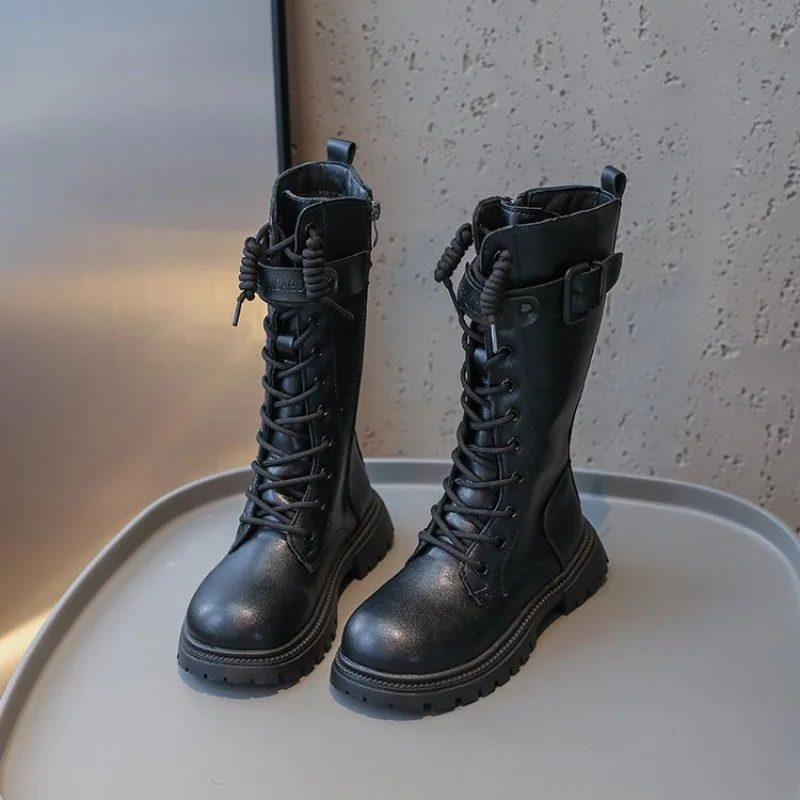 الفتيات أحذية طويلة أسود الركبة عالية 2025 الخريف الشتاء الأطفال أحذية عالية المد سستة موضة العلامة التجارية الجديدة دراجة نارية للأطفال الأحذية #4