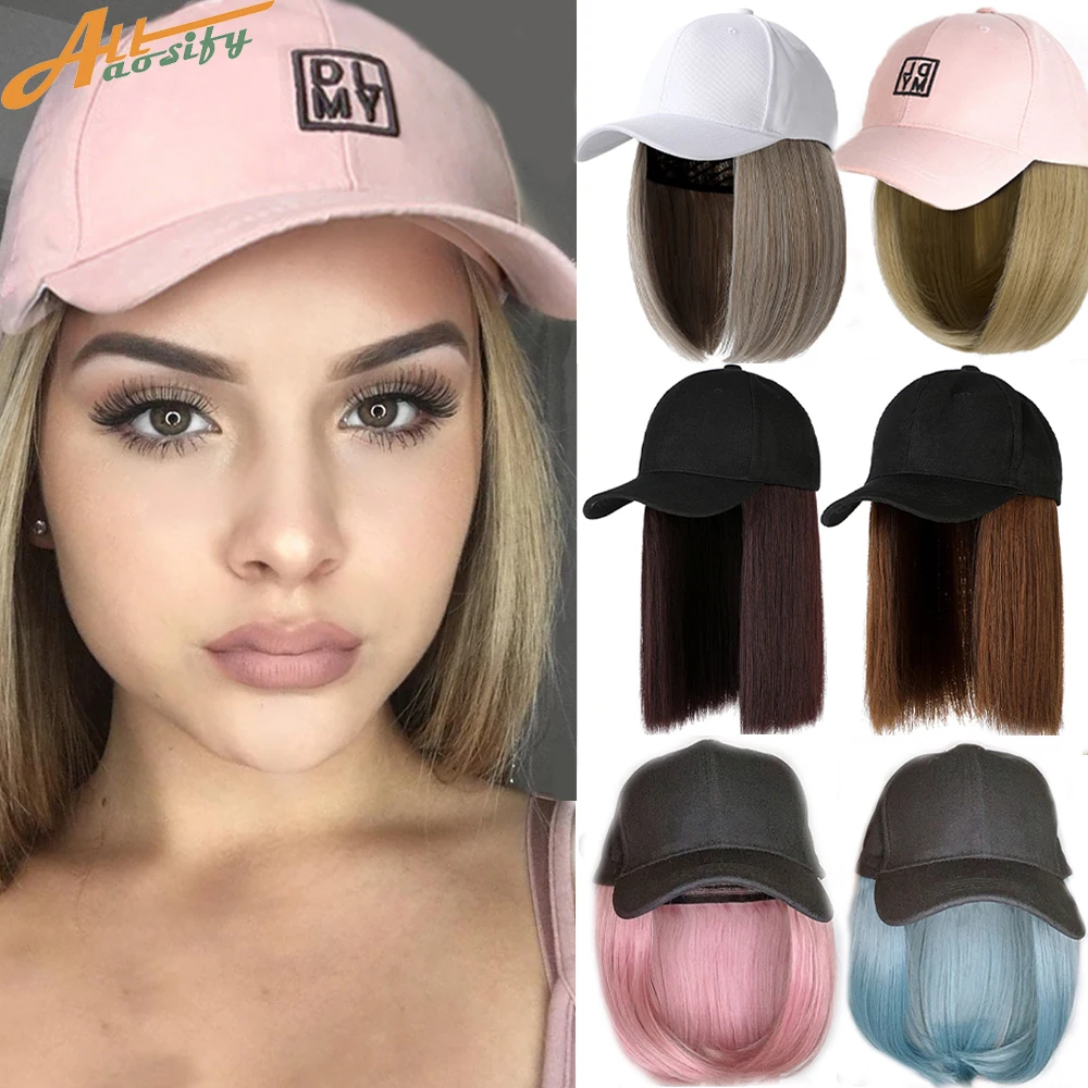 Allaosify Synthetic Wigs Cap Hat Short Straight Hair Extensions For Women Pink Brown Hat With Hair Summer Female Cap With Wig