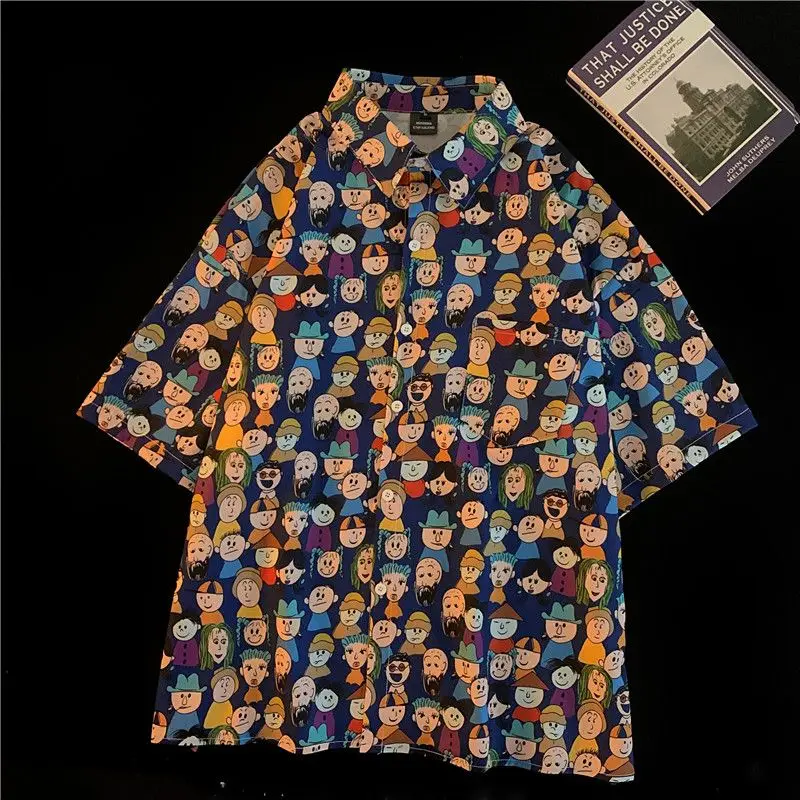 Camisa de manga corta con estampado Floral para hombre y mujer, camisa hawaiana con cabeza de personaje de dibujos animados, camisa de playa