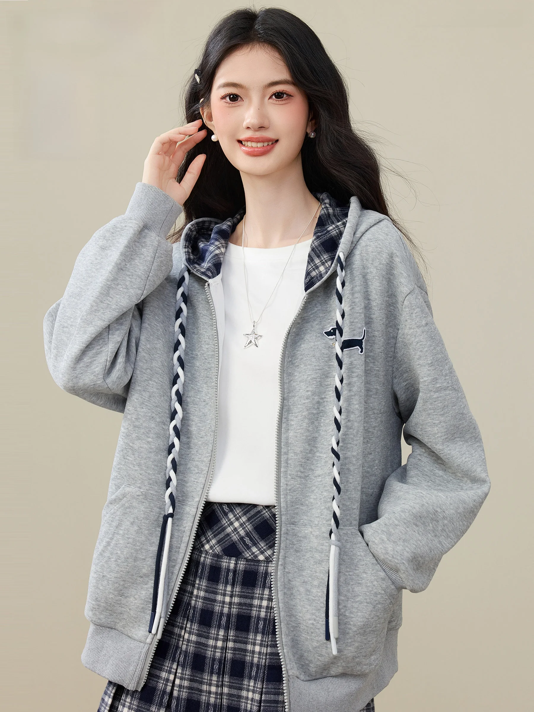 

Ретро-американский клетчатый худи на молнии для женщин, свободный кардиган-куртка, осенне-зимняя новинка, стиль Lingjiu, для повседневной носки