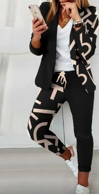 Elegant Women\'s Sets Blazer Sets Shawl Collar Button Work Letter Print Long Sleeve Blazer & Drawstring Pants Set Office Lady