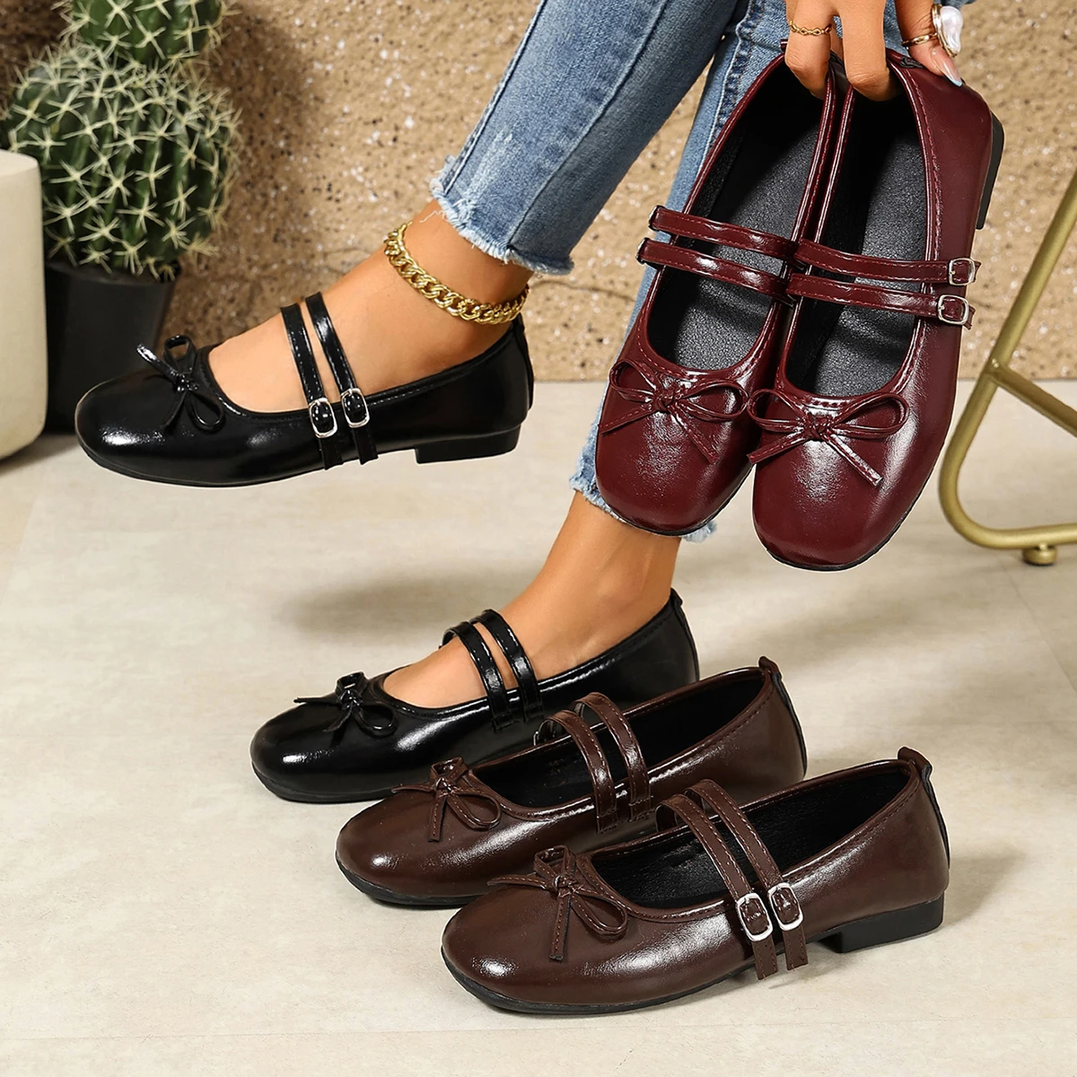 Women Bow Mary Jane Flats Double Strap Buckle Loafers Round Toe Patent Leather Sneakers Women Sweet Ballet Dress Shoes Women