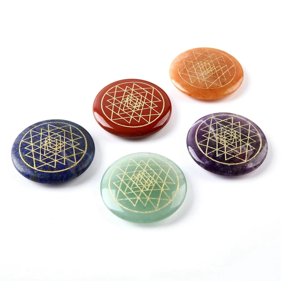 Natural Crystal 7-color Chakras Ornament Engrave Geometric Triangle Pattern Sri Yantra Yoga Reiki Meditation Prop Home Decorate