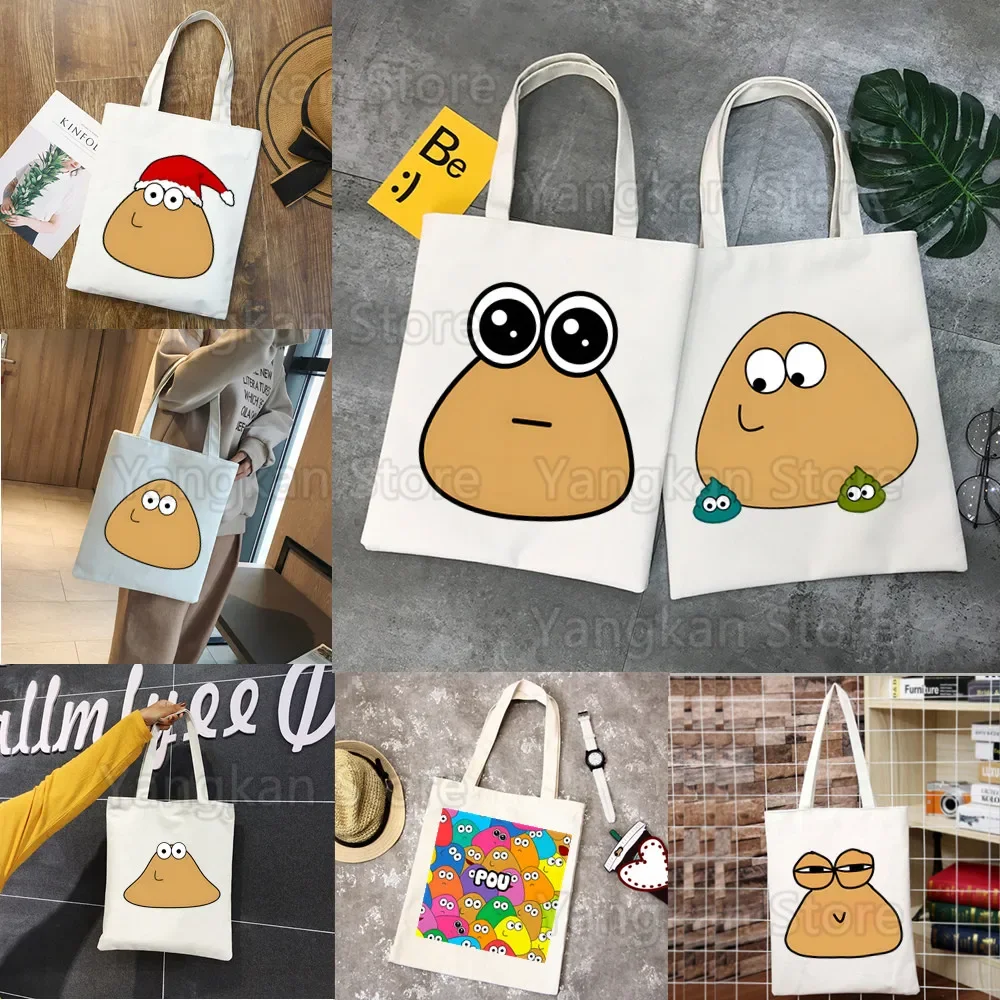 Pou Reusable Shopping Bag Unisex Canvas Tote Bags Printing Eco Bag Cartoon Shopper Shoulder Bags