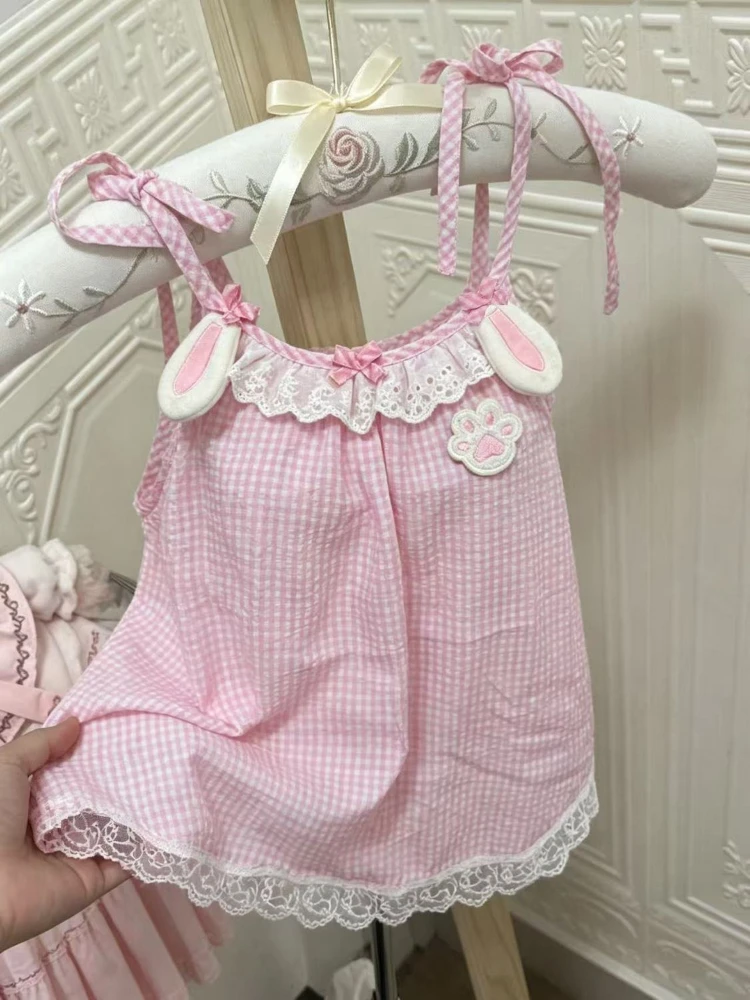 Japanese Summer Girl Sweet Vest Kawaii Cute Bow Pink Plaid Sleeveless Sling Tops Women's Sweet Casual Off Shoulder Camisole New