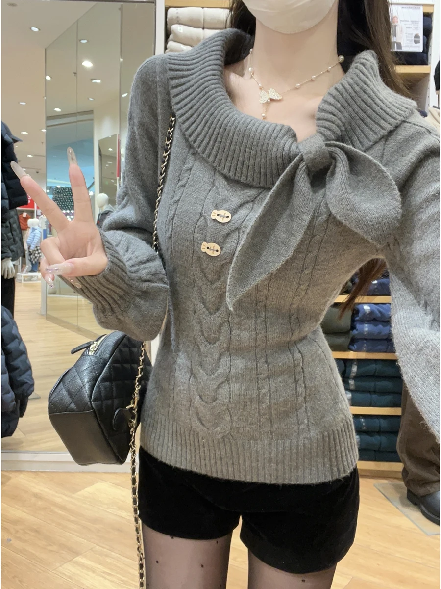 

Retro Korean Sle Knitted Sweater Women's Long Sve Rabbit Ear Collar Twist Yarn Slimming Autumn Winter New Arrival High Q...