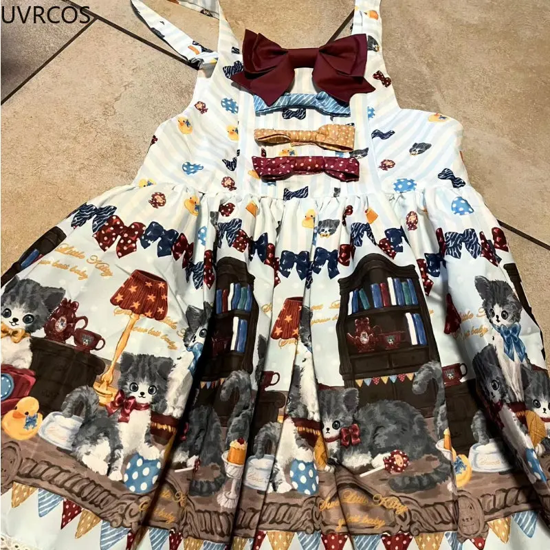 Giappone Kawaii Lolita Style Jsk Dress Women Sweet Cat Print Bow a vita alta senza maniche Strap Dresses Girls Cute Cosplay Costumes