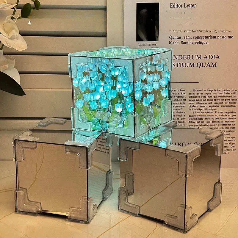 Hot Handmade DIY Tulip Mirror Cube Lamp Simulation Flower Bedroom Sleeping Table Lamp Tulips Mirror Night Light Birthday Gift