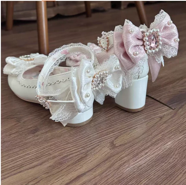 Kawaii giapponese dolce carino tacco alto scarpa singola morbida ragazza Lolita fiocco strass tacco basso medio perla Mary Jane scarpe da donna
