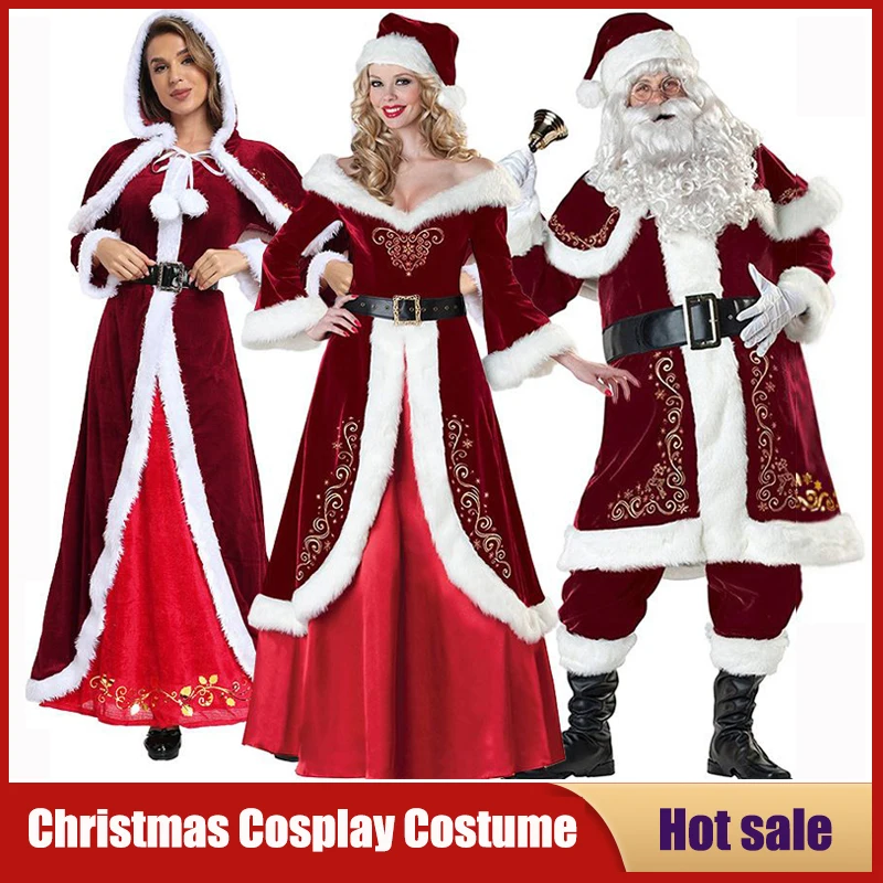 

Santa Claus Cosplay Costume Red Velvet Lady Elegant Christmas Long Dress Xmas Carnival Party New Year performance For Man Woman