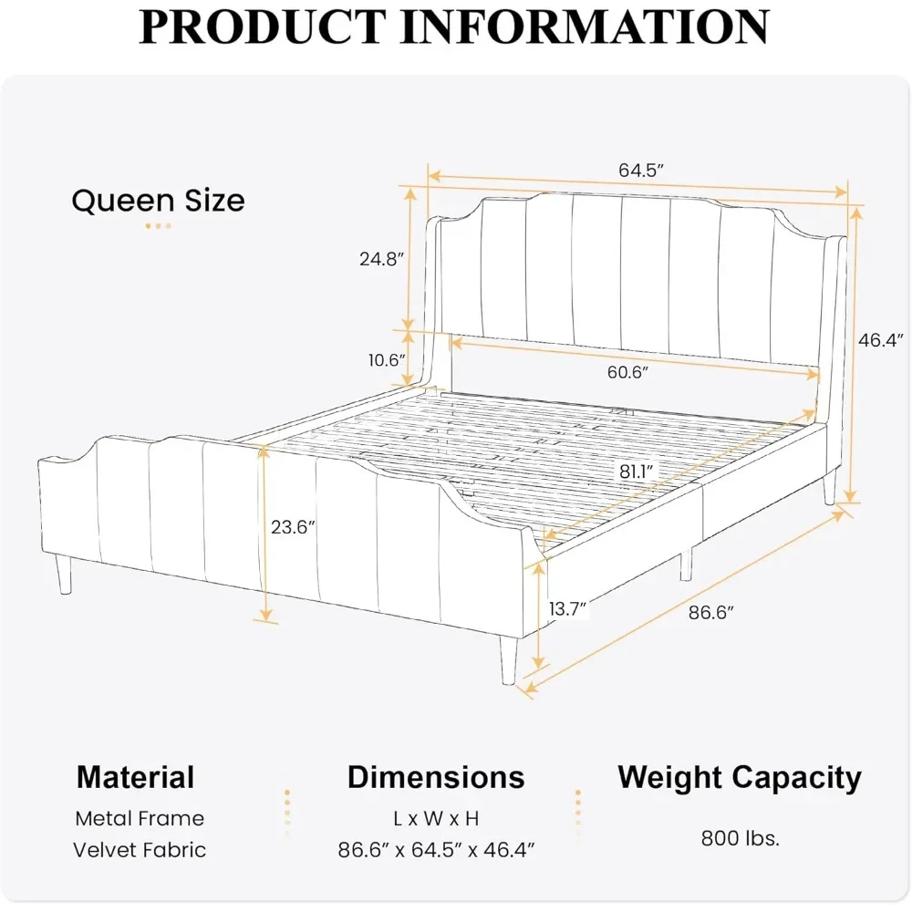 Upholstered Queen Size Bed Frame with Modern Curved Velvet Wingback Headboard, Heavy Duty Wood Platform Bed