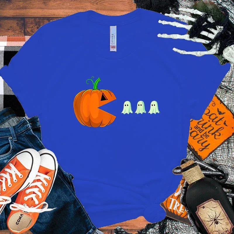 Halloween Pumpkin Boo Letter Print Koszulki z krótkim rękawem Damskie koszulki z dekoltem Letnie wygodne miękkie koszulki Topy Rozmiar Xxs-4Xl