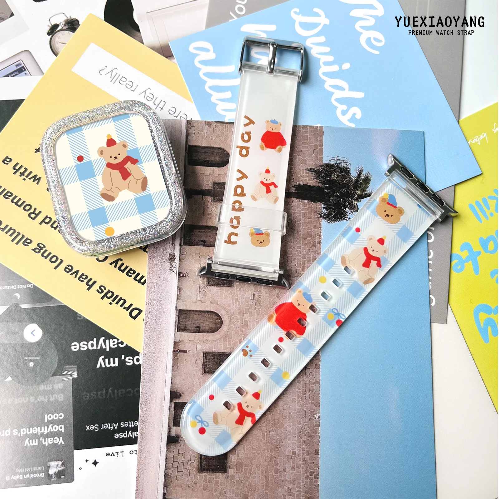 

Cute bear printed watch strap for Apple Watch 11 10 9 8 7 Silicone Band Replaceable Bracelet for iWatch 46mm 44mm 42mm 41mm