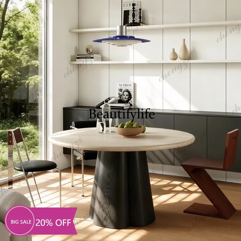 MM02 Imported natural travertine round table French antique designer pure natural travertine dining table