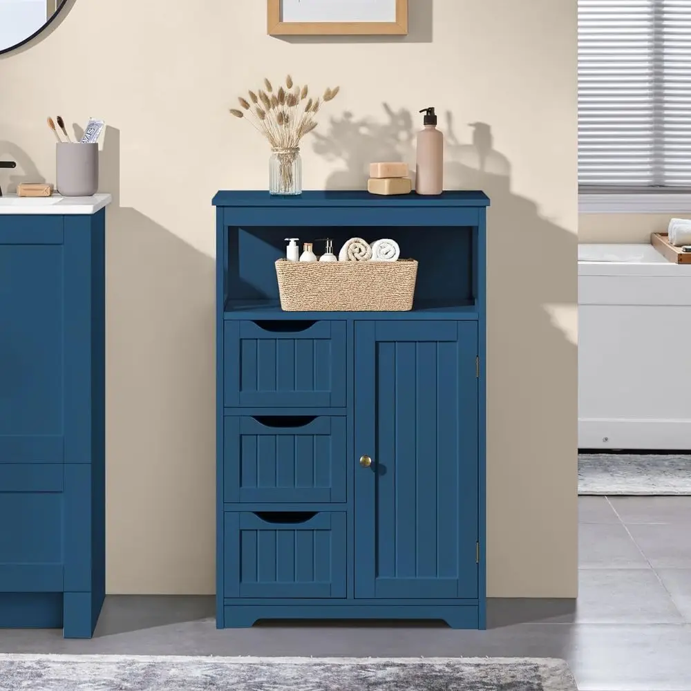Bathroom loor Cabinet, ree Standing Wooden Storage Organizer Multiple Tiers Storage Living Room Cabinet, Navy Blue
