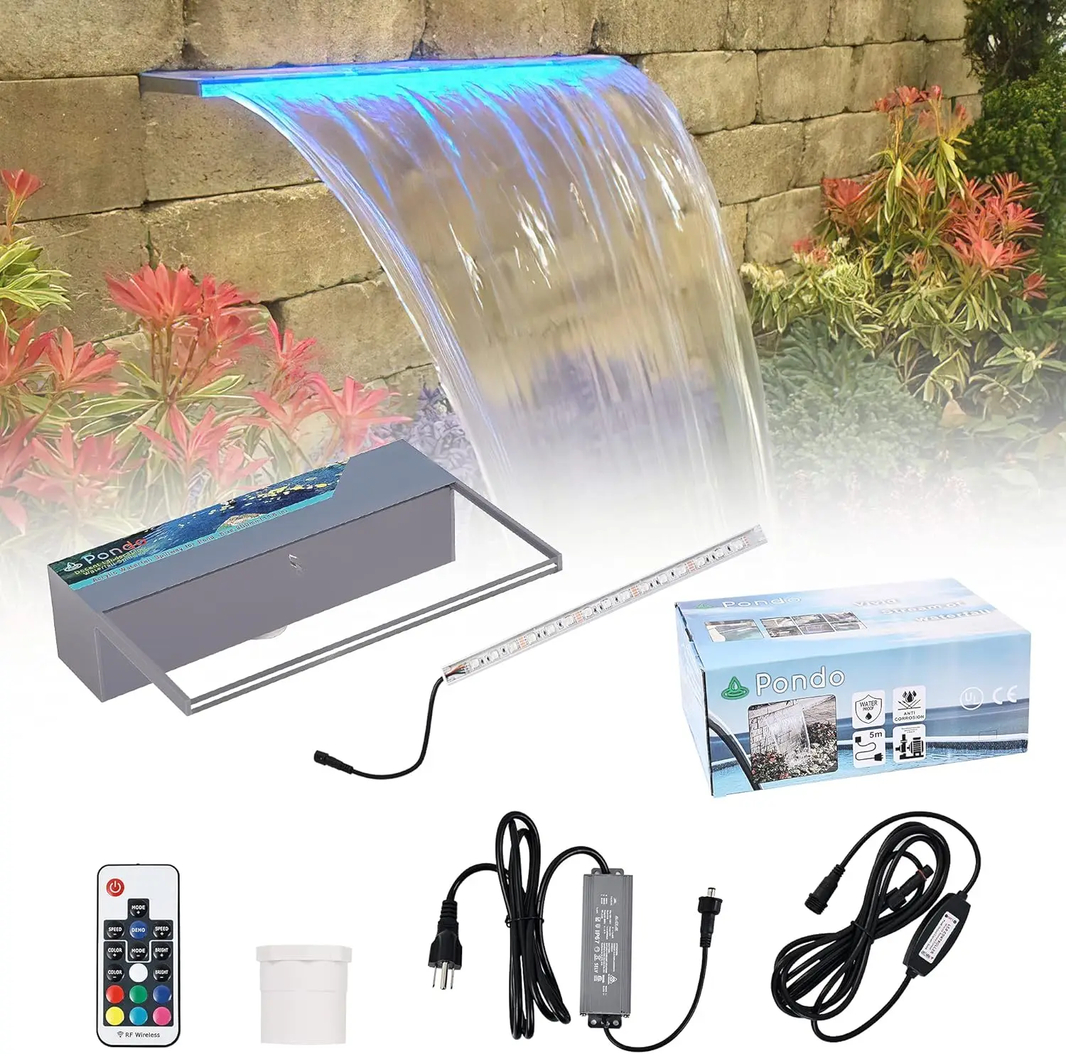 Pondo Lighted Waterfall Pool Fountain 12'' W/Led 7 Color Changing And Remote, Acrylic Waterfall Spillway For Sheer Descent