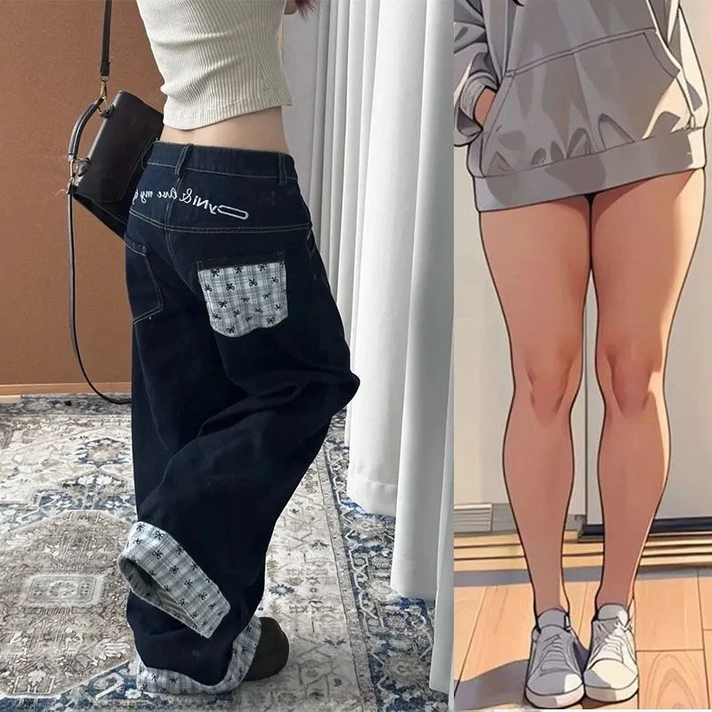 Jeans in denim a gamba larga a vita alta da donna taglie forti Pantaloni larghi a taglio dritto con lunghezza al pavimento retrò americana