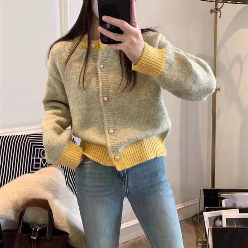 Yellow Knitted Cardigan Coat for Women Autumn Winter Fashion Contrast Color Single Breasted Sweater Women\'s Clothing Soft