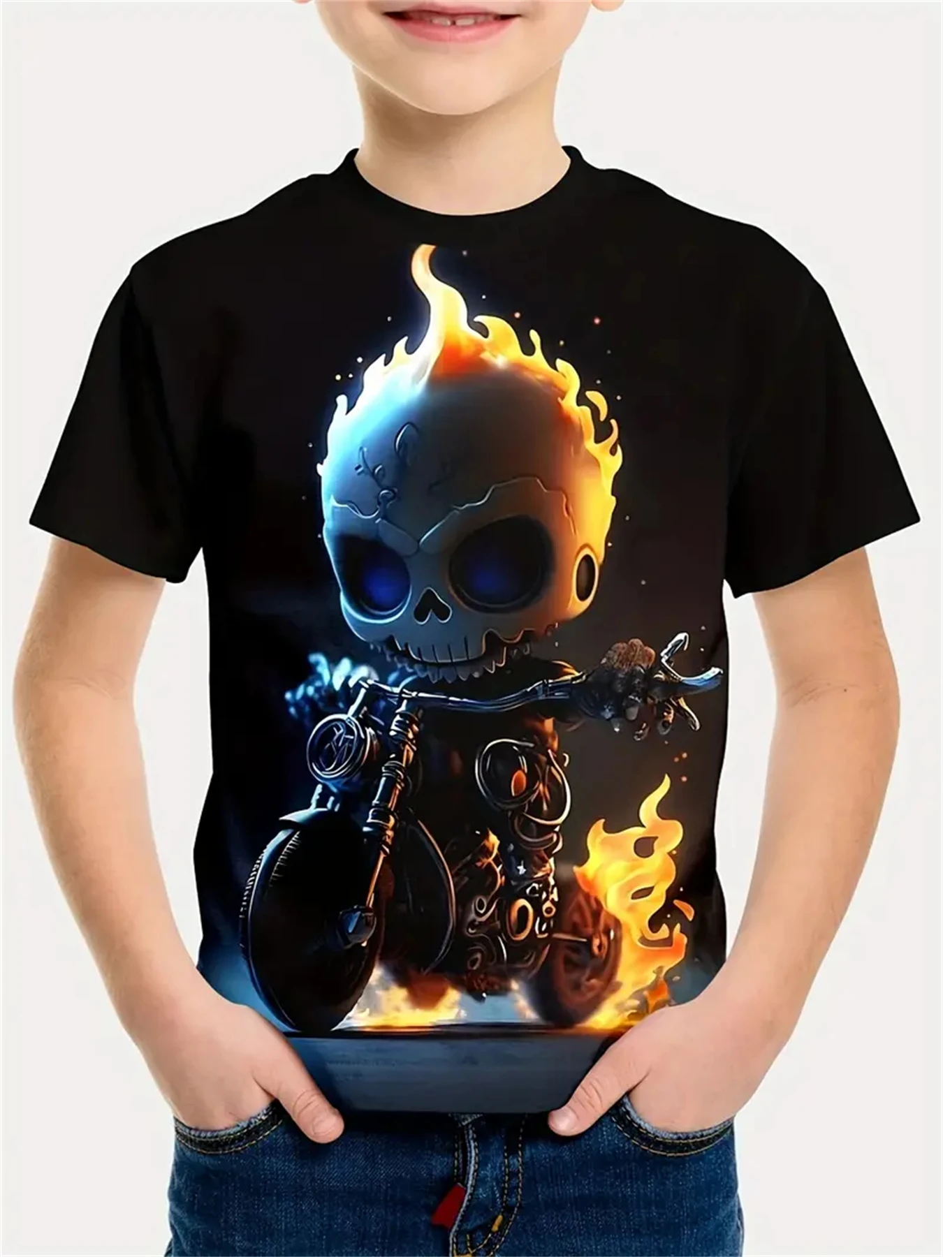 Boys Skull Motorcycle Rider 3D Printed Graphic T Shirts Short Sleeve Tees for Boys Casual Round Neck Summer Children's T-Shirt