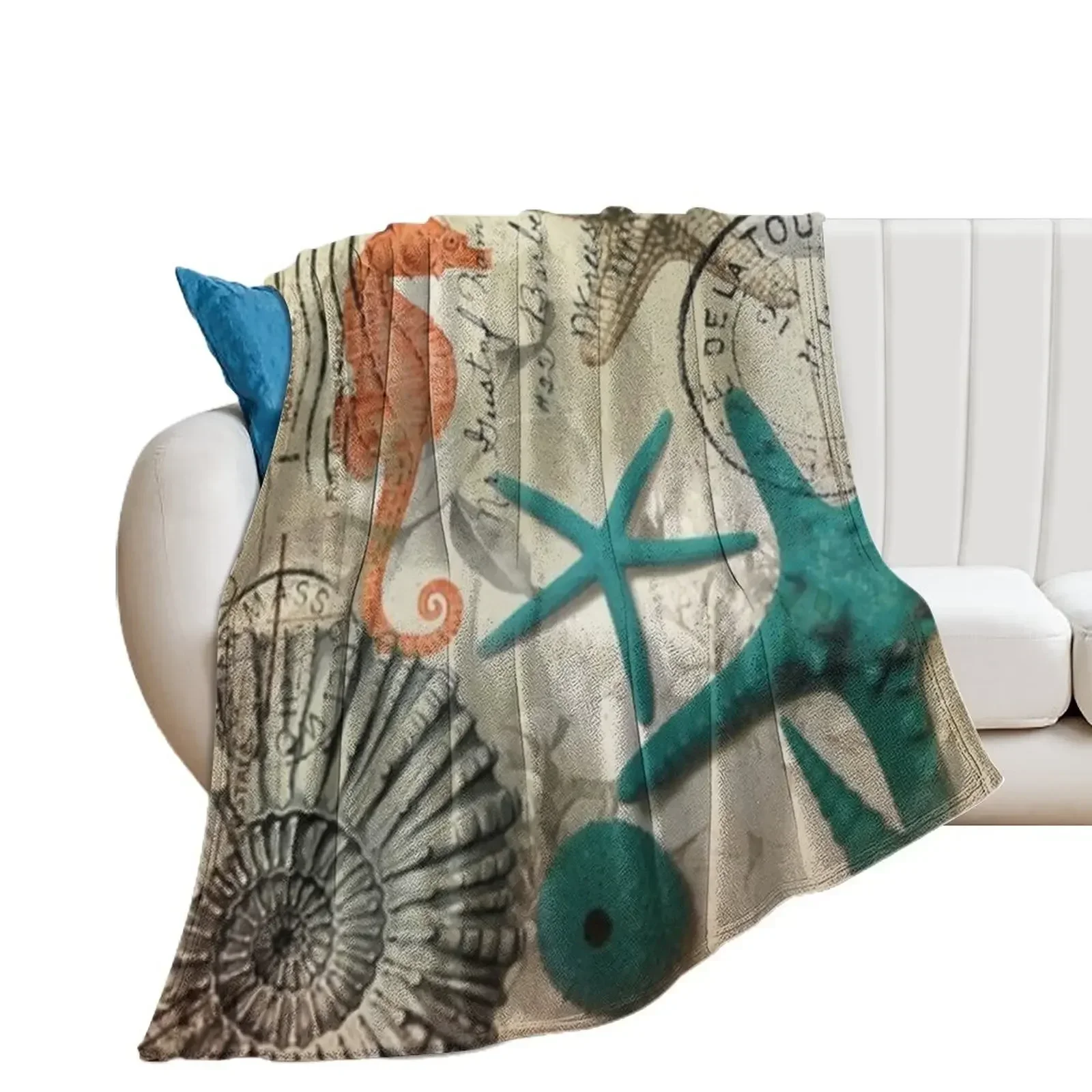 dark academia coastal seashell teal starfish seahorse ocean beach Throw Blanket anime Sofas Blankets