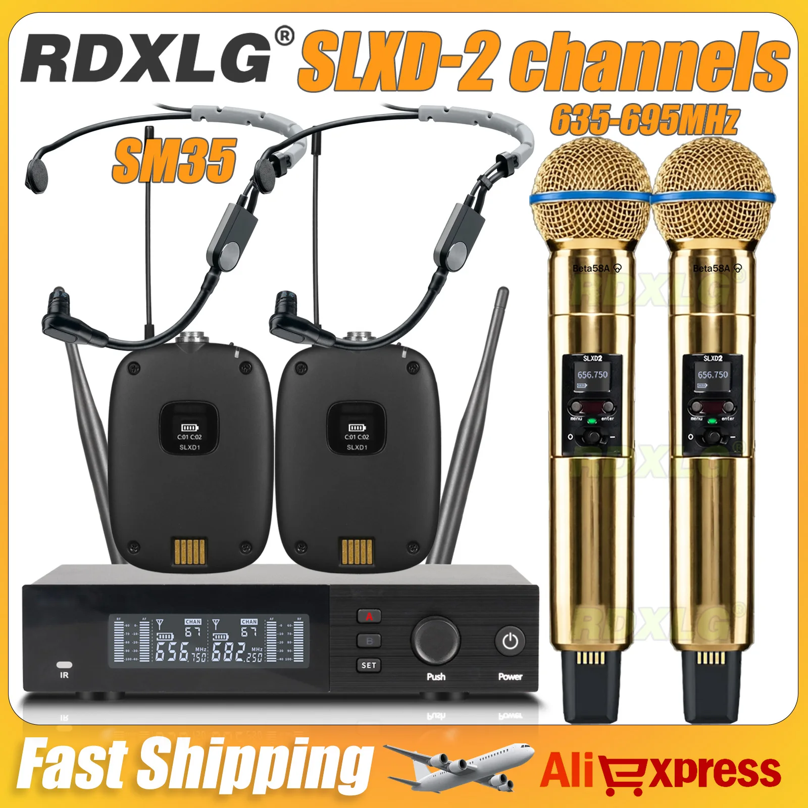 RDXLG SLXD Professional Dual Wireless Microphone Stage 2 Channels 600MHz Karaoke Metal BE58a Handheld SLXD2 SM35 Condenser Mic
