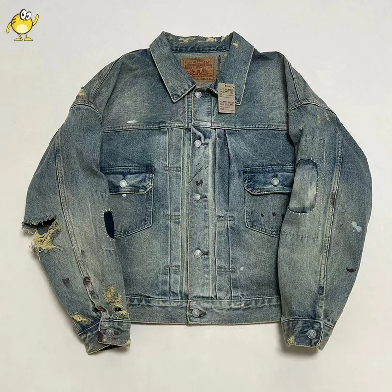 

2024FW New SAINT Jeans Jacket Men Woman 1:1 Good Quality Washed Do Old Damaged Style High Street Lapel Coats Winter Outerwear
