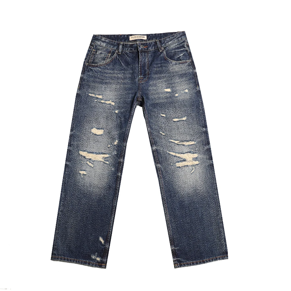 

American Vintage Casual Narrow-Width Red Selvedge Jeans for Men Fall 13.5oz 100% Cotton Washed Ripped & Patched Loose-Fit Pants