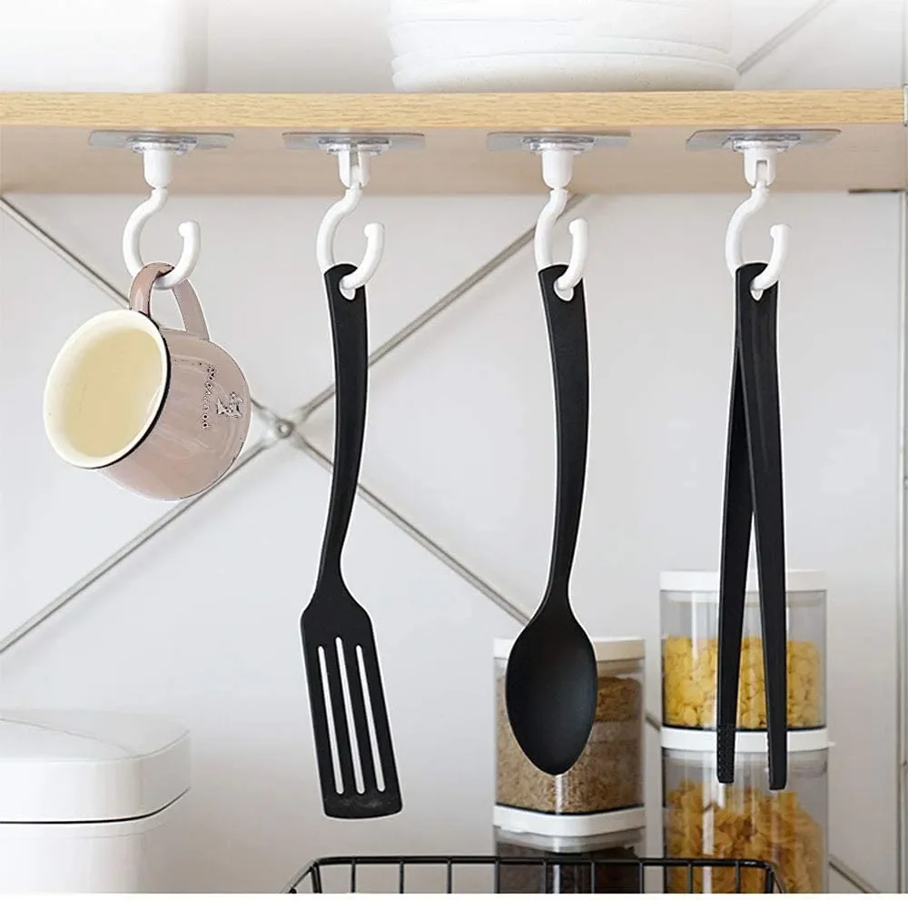 360°Rotating Adhesive Under Cabinet Hooks for Hanging Clothes,Bag, Hat,Towel Hanger Kitchen Bathroom Wall Hanger Swivel Utility