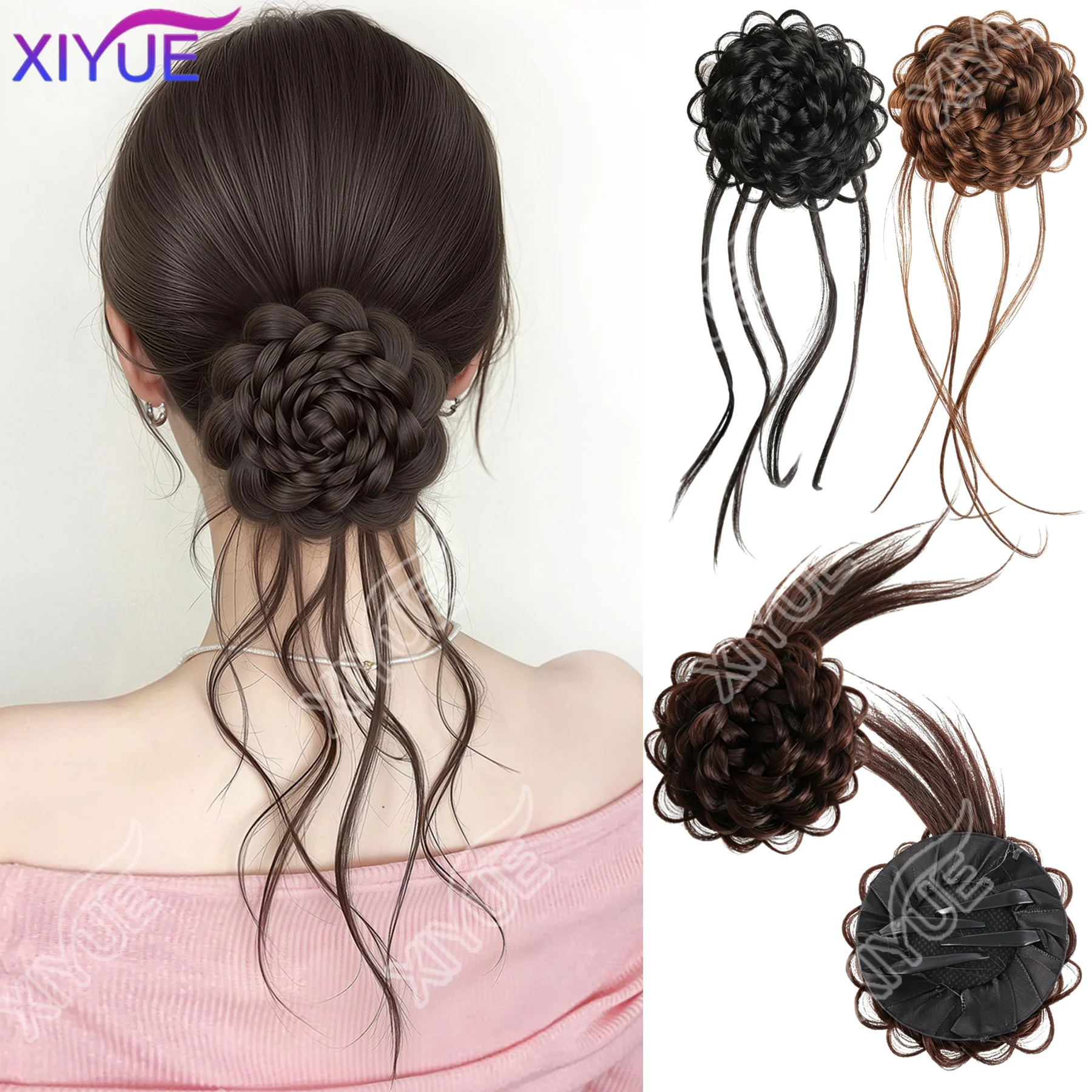 XIYUE Synthetic Rose Flower Hair Bun Clip Braided Chignon Hairpiece Invisible Claw Clip Hair Extension Wedding Party Accessories
