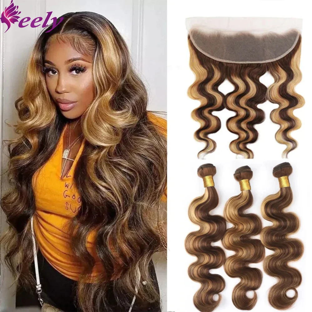 Highlight Human Hair Bundles With Closure Body Wave 3 Bundles 100% Human Hair Extensions P4/27 Frontal 13×4 Lace Honey Blonde