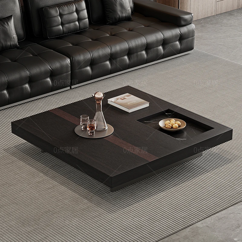 HHHHItalian Minimalist Coffee Table Small Apartment Simple Living Room High-end Creative Square Smoked Veneer Rock Slab