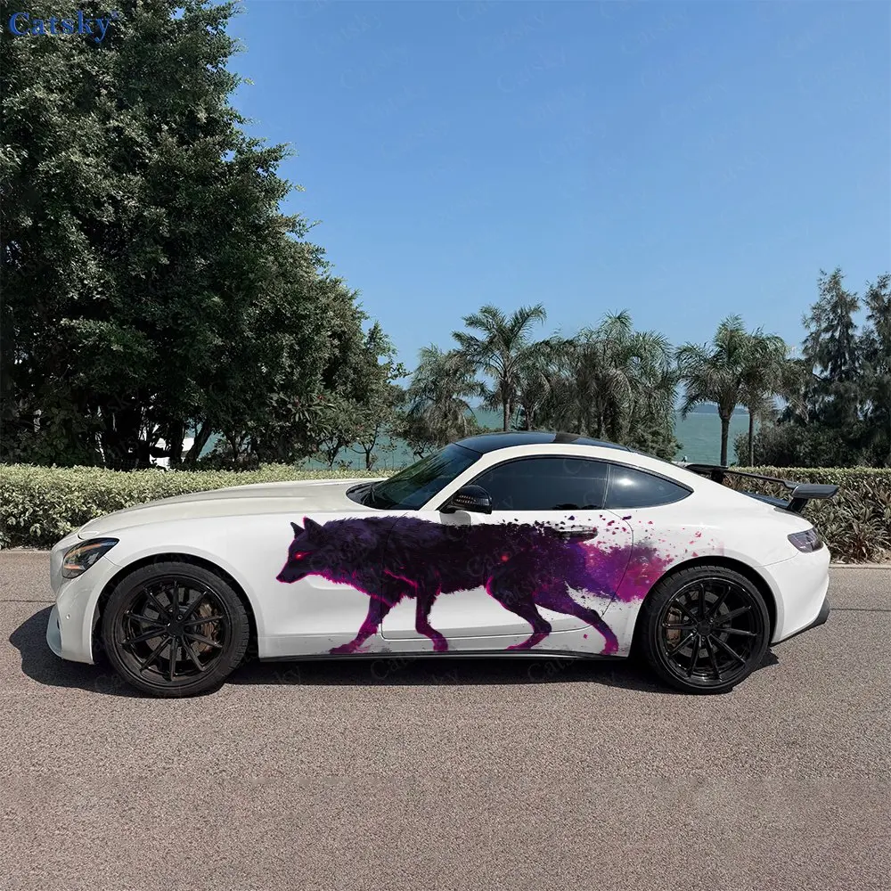 2pcs Purple Fragmented Wolf Car Side Wraps, Self-Adhesive PVC Waterproof & Scratch-Resistant Stickers, Car Accessory Gift