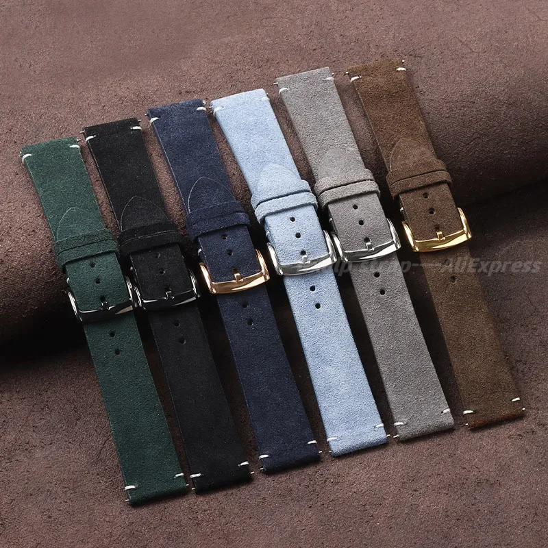 Vintage Suede Leather Watch Band 20mm 22mm Blue Brown Watch Straps Quick Release Handmade Stitching Wristband Watch Accessories