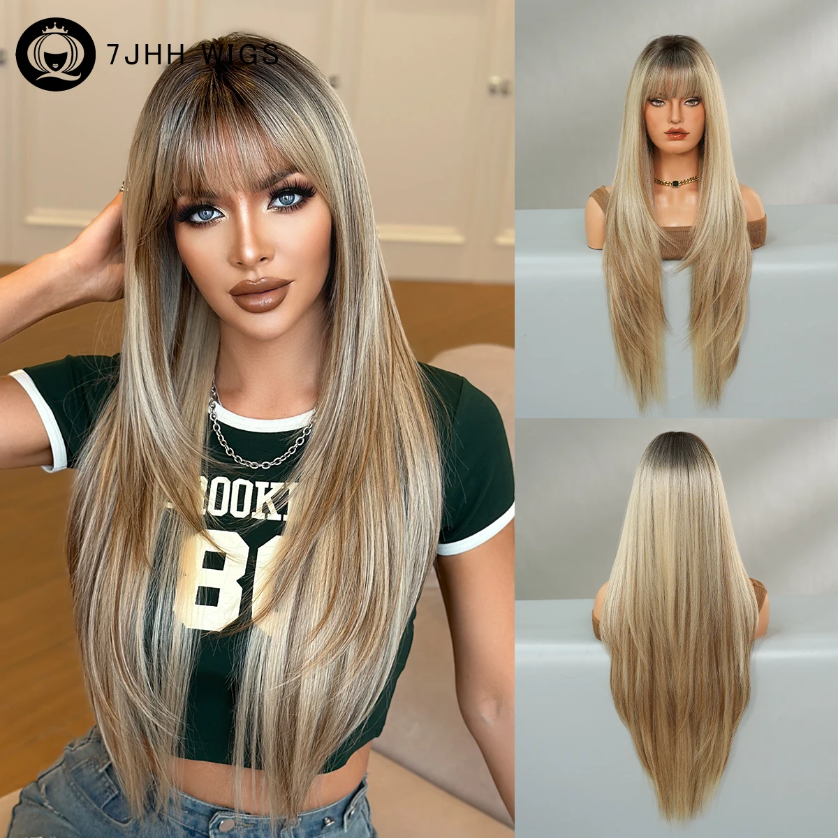 

Long Straight Blonde Wig for Women High Density Synthetic Layered Wigs with Dark Roots Modest Fashion Heat-Resistant Fiber