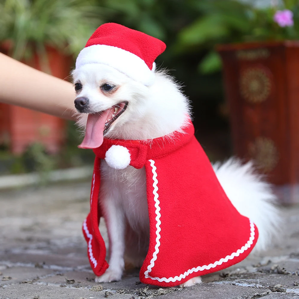 Christmas Pet Cape Hat Winter Cute Dog Cat Red Santa Hat Cloak Clothes Set for Small Cat Dogs Christmas Pet Accessories