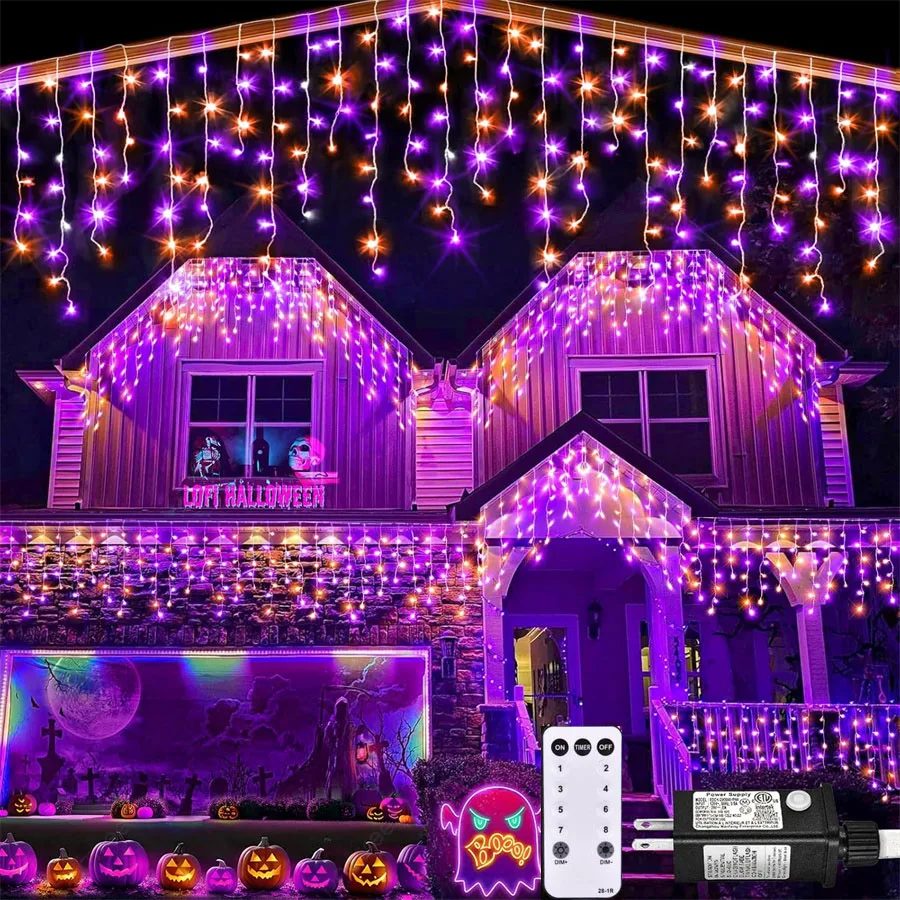 Lampu es Halloween, lampu tali tirai jendela pernikahan, lampu es Natal luar ruangan, lampu Halloween, ungu, oranye, 9M 360 LED, dengan Remote luar ruangan