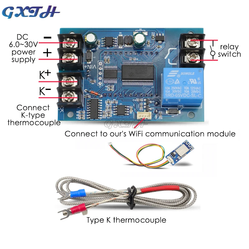 Remote WIFI Temperature Controller K-type LCD Digital Thermostat Module Relay Switch APP Button 10A -99℃-999℃ DC 6-30V